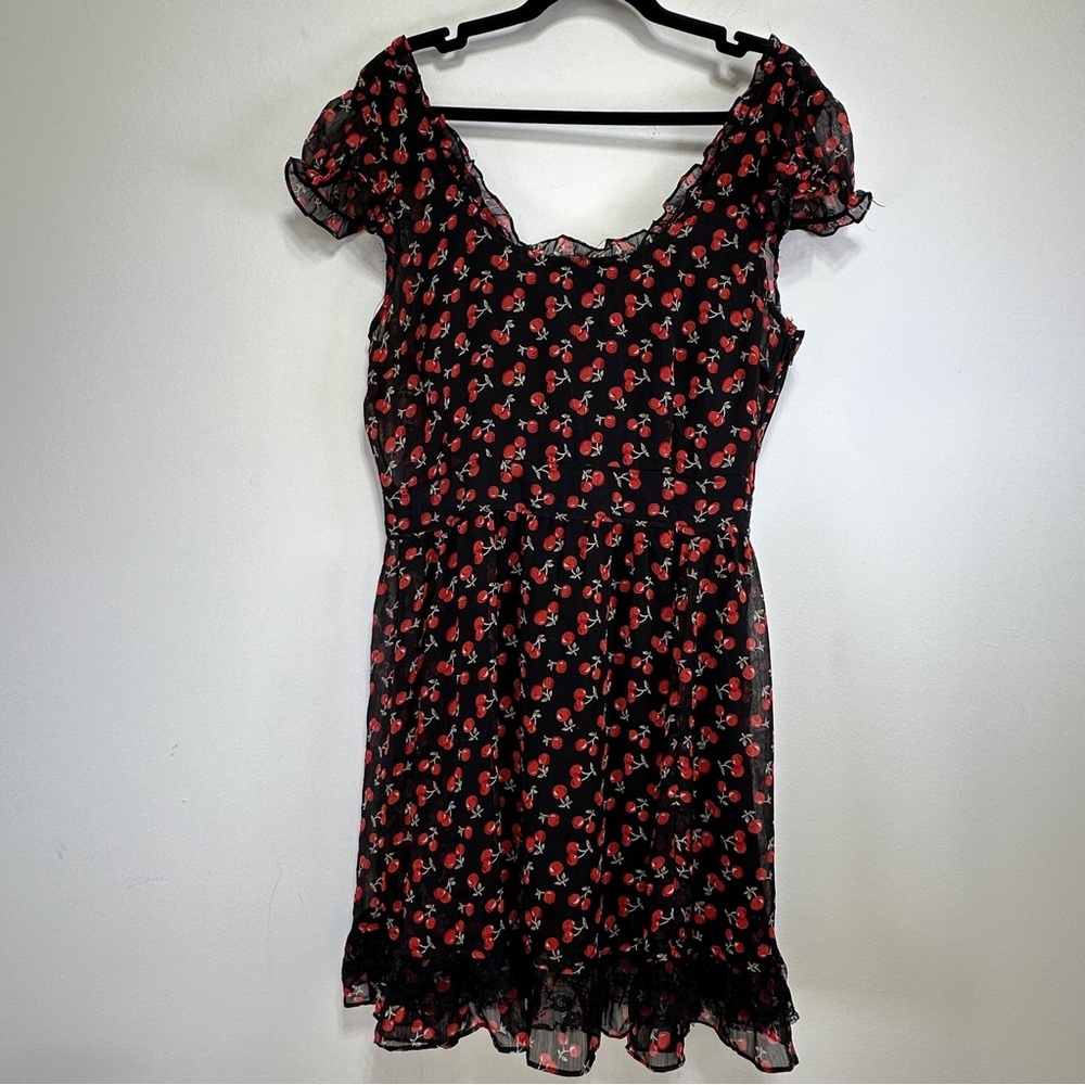 Royal Bones Cherry Print Midi Dress Smocked Back Lace Hem Whimsigoth Y2K Alt